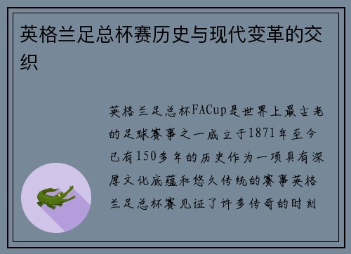 英格兰足总杯赛历史与现代变革的交织 英格兰足总杯赛历史与现代变革的交织